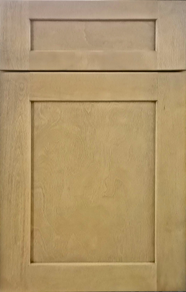 A close-up of a beige wooden door with a recessed panel.