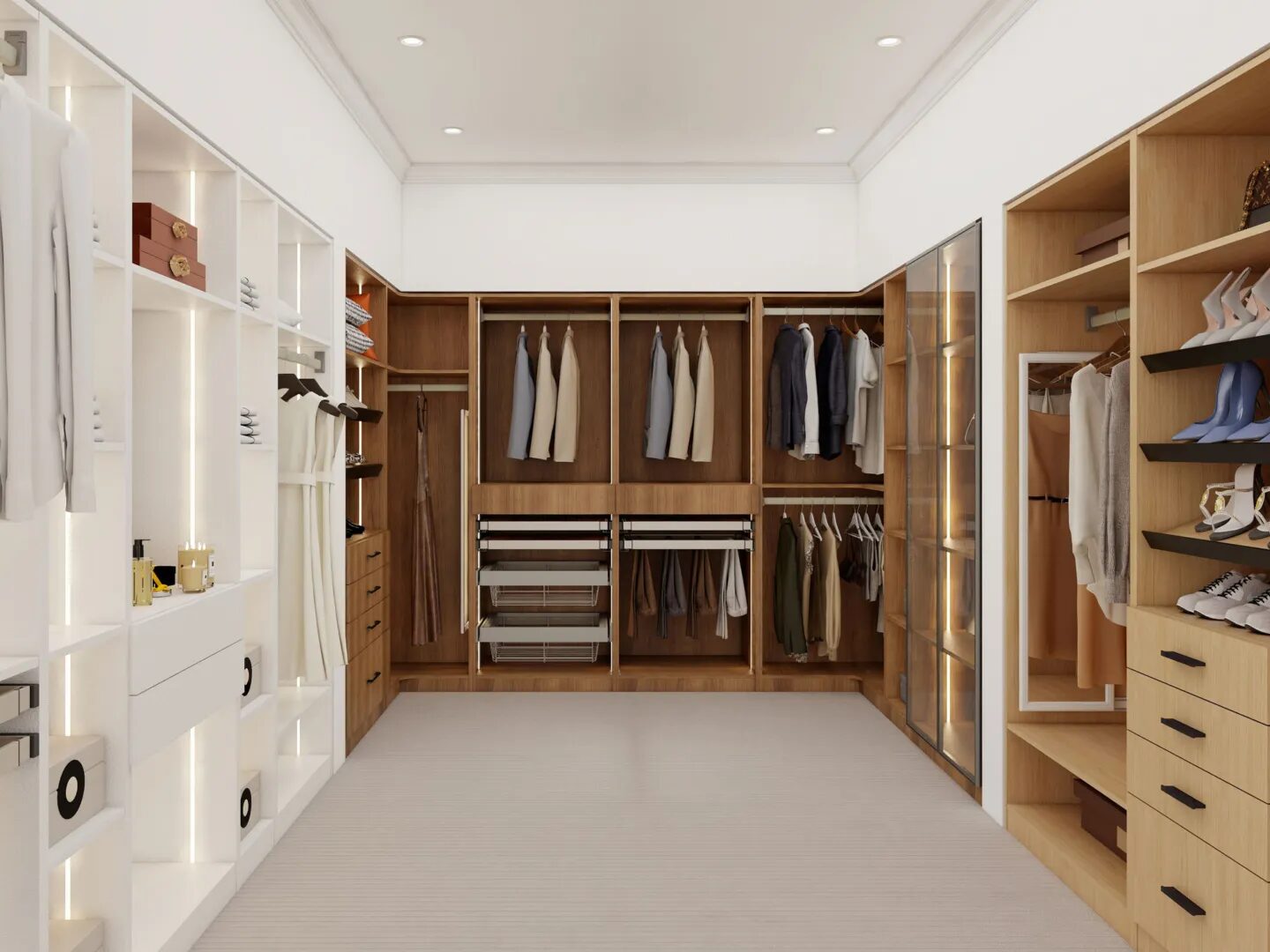 Spacious walk-in closet with wooden shelving