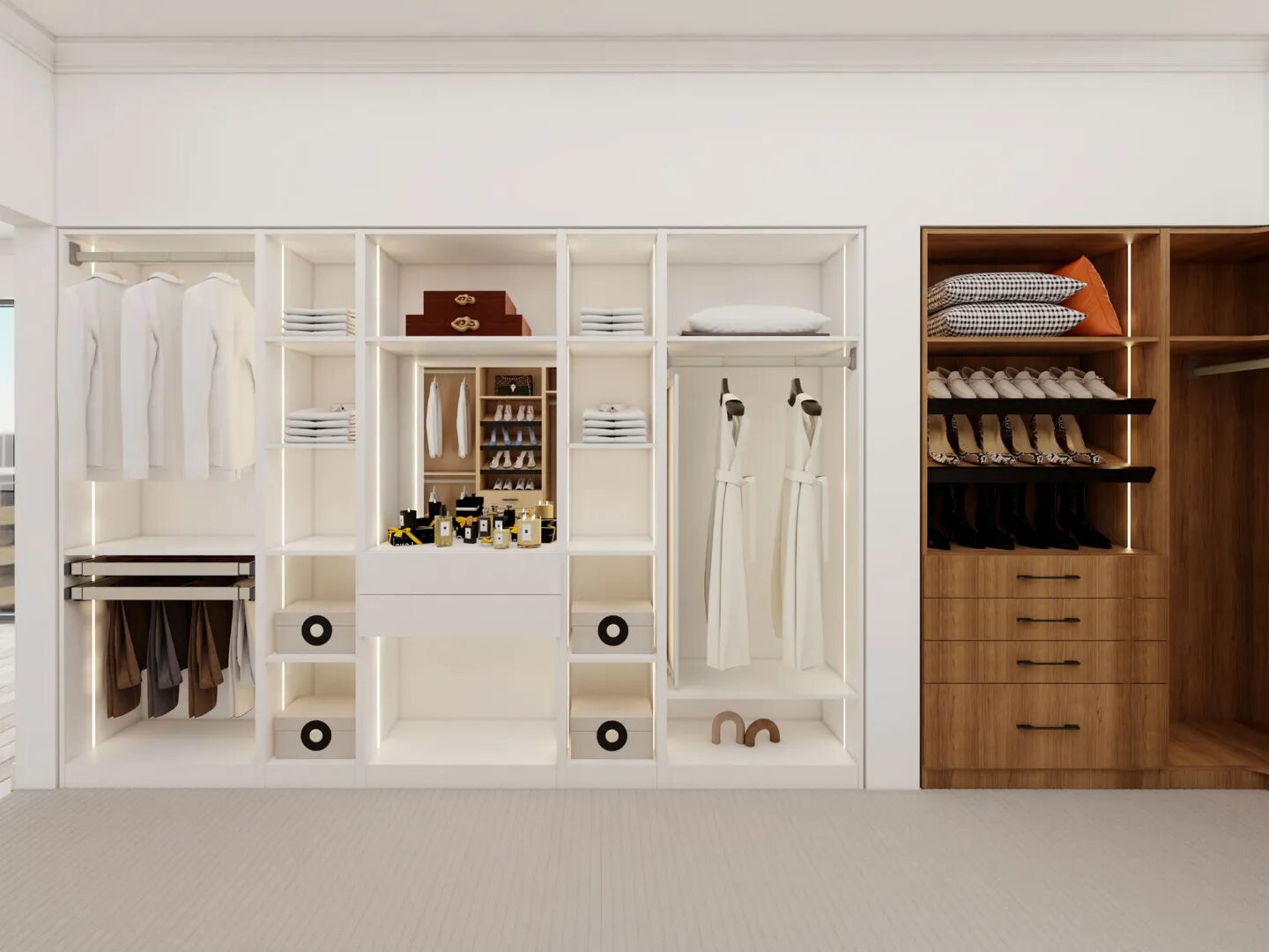 Modern organized closet with wooden shelves