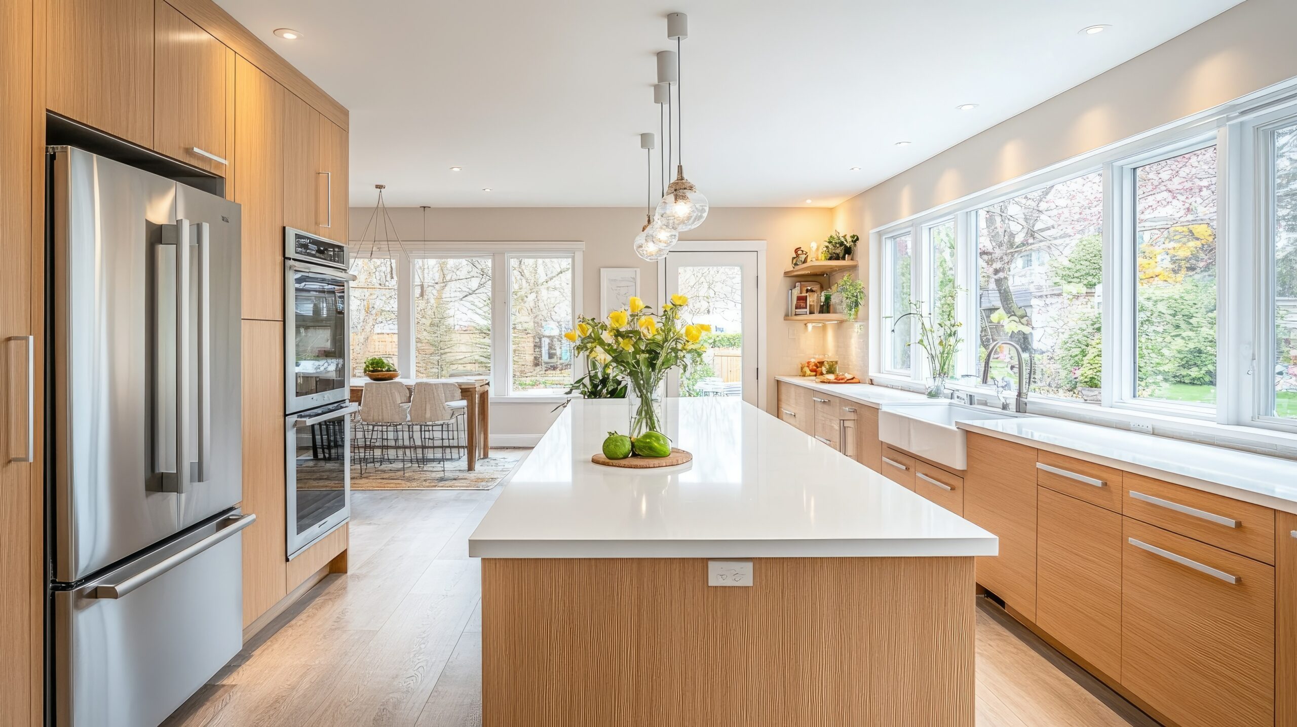 Bright modern kitchen with wooden cabinetry and white island.