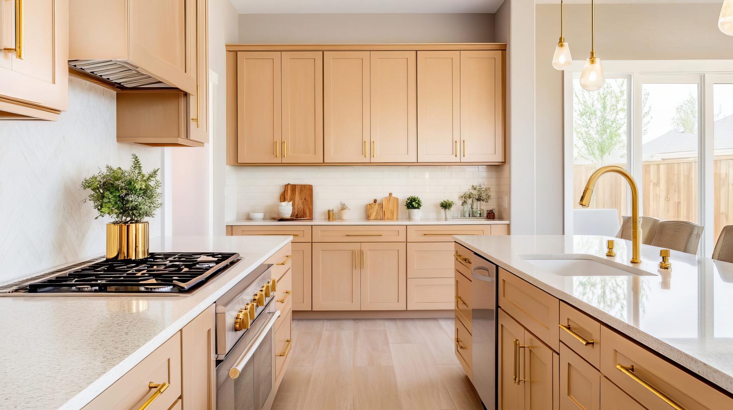 Bright kitchen with wooden cabinets and modern appliances.