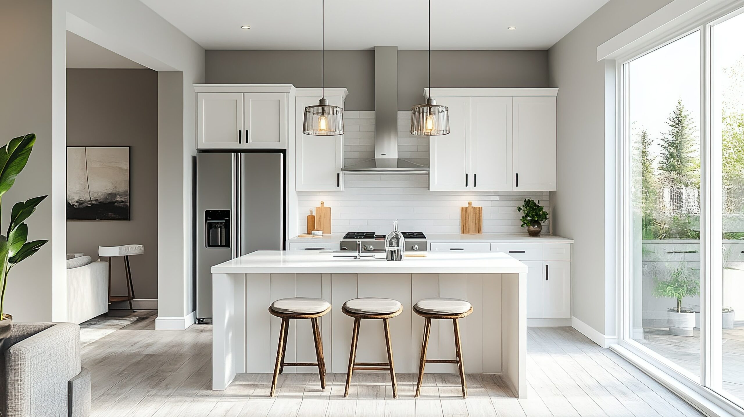 Modern white kitchen with island and three wooden stools.