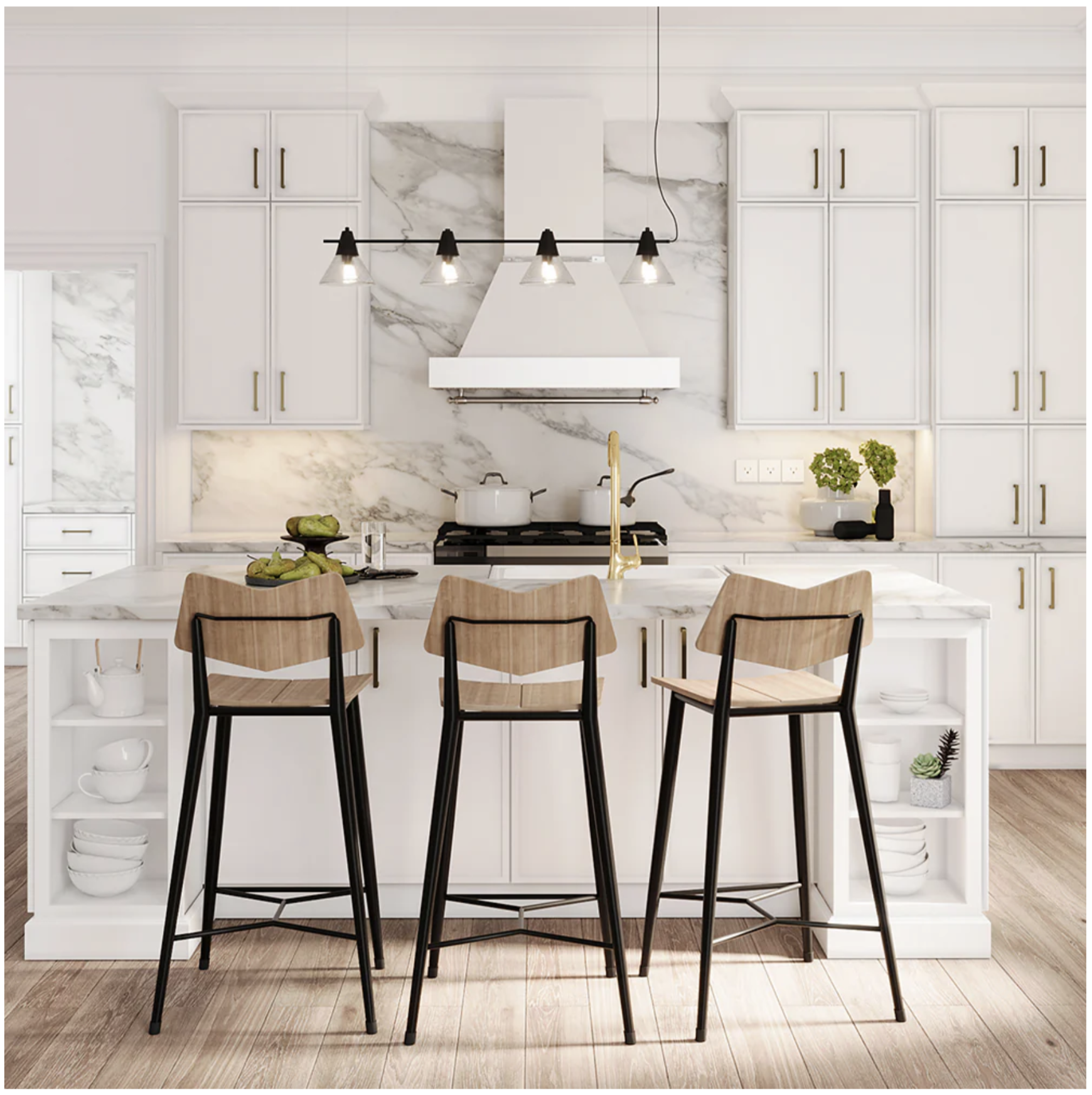 Modern kitchen island with three wooden bar stools and pendant lights.